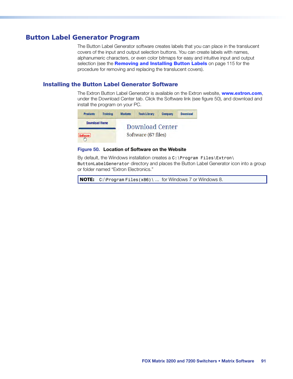 Button-label generator program, Installing the button label generator software, Button label generator program | Installing the button label generator software 91, Button label generator, Program | Extron Electronics FOX Matrix 7200 User Manual | Page 99 / 132