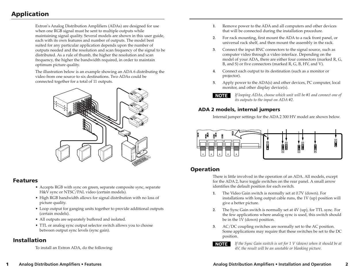 Application, Features, Installation | Operation, Ada 2 models, internal jumpers | Extron Electronics ADA 2-4-6 Series User Manual | Page 2 / 3