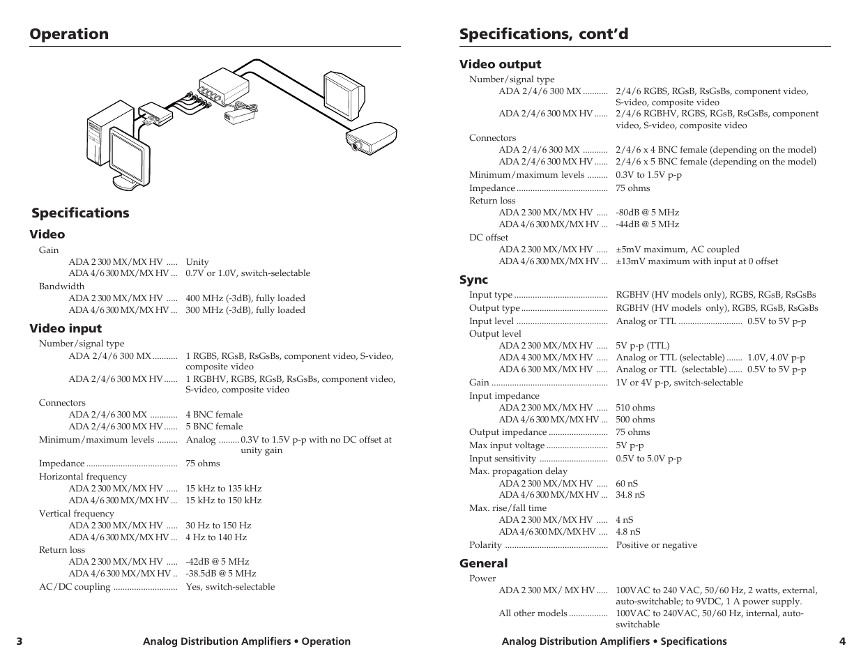 Operation, Specifications, cont’d, Specifications | Extron Electronics ADA 2-4-6 Series User Manual | Page 3 / 3