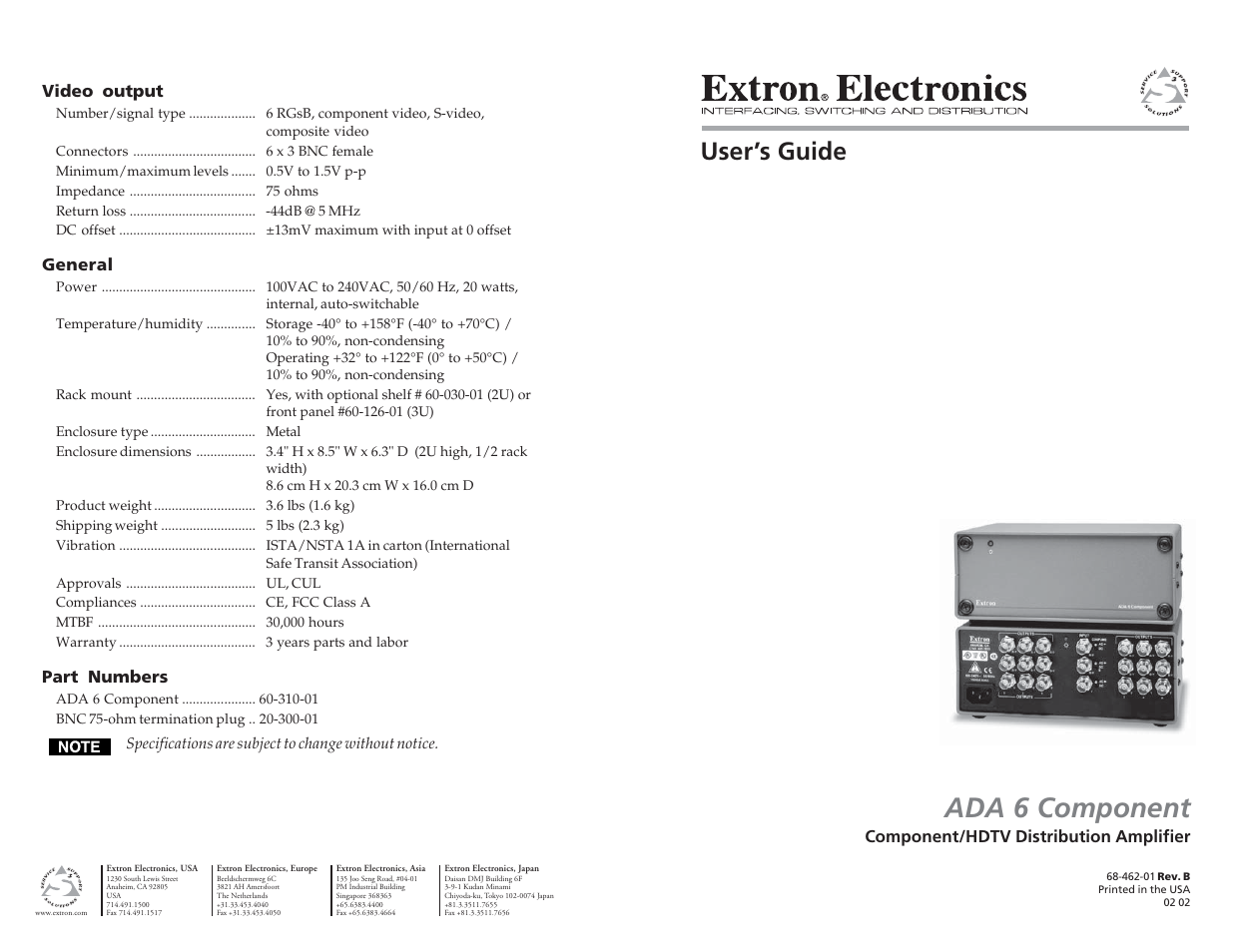 Extron Electronics ADA 6 Component User Manual | 2 pages