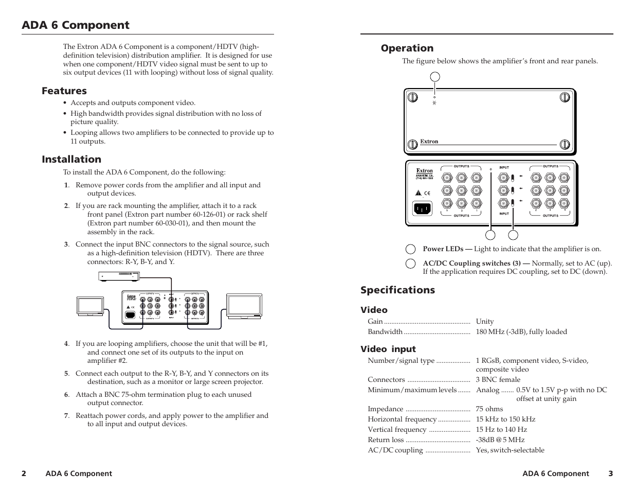 Features, Installation, Operation | Specifications, Coupling, Video, Video input, Ada 6 component | Extron Electronics ADA 6 Component User Manual | Page 2 / 2