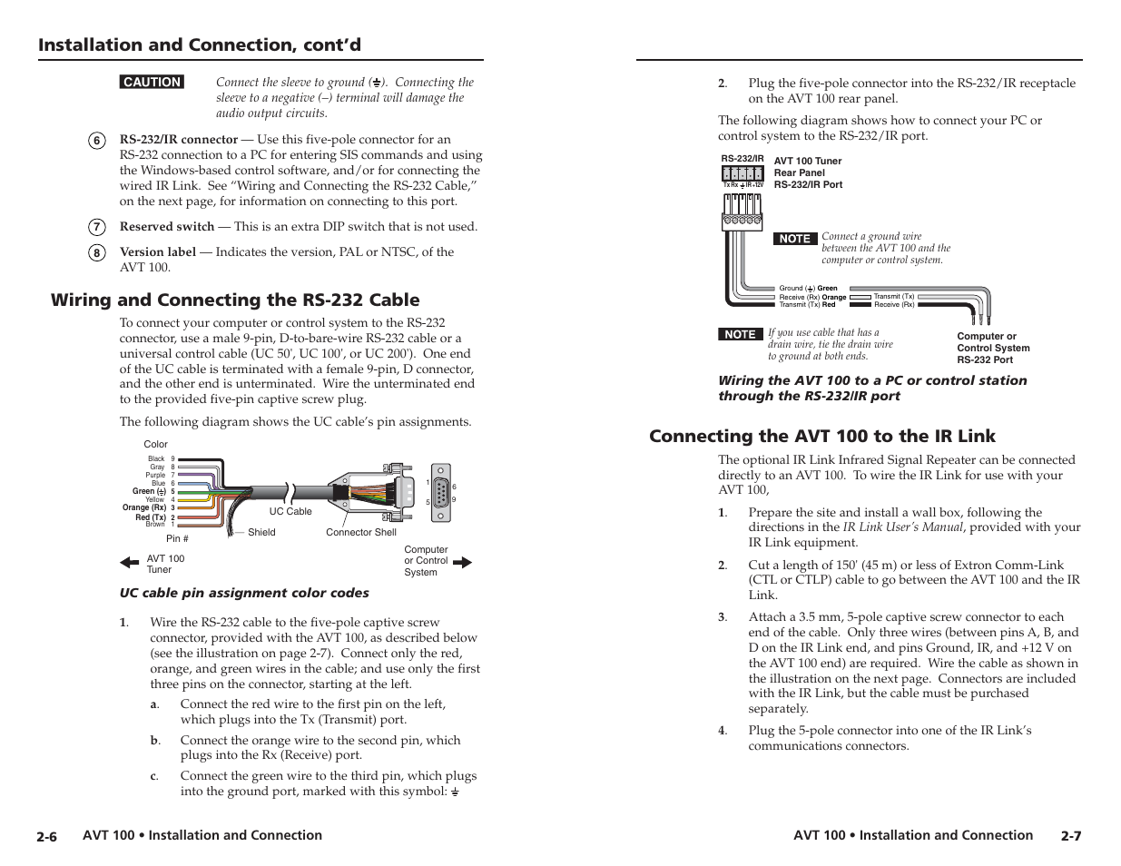 Wiring and connecting the rs-232 cable, Connecting the avt 100 to the ir link, Installation and connection, cont’d | Extron Electronics AVT 100 User Manual | Page 10 / 37