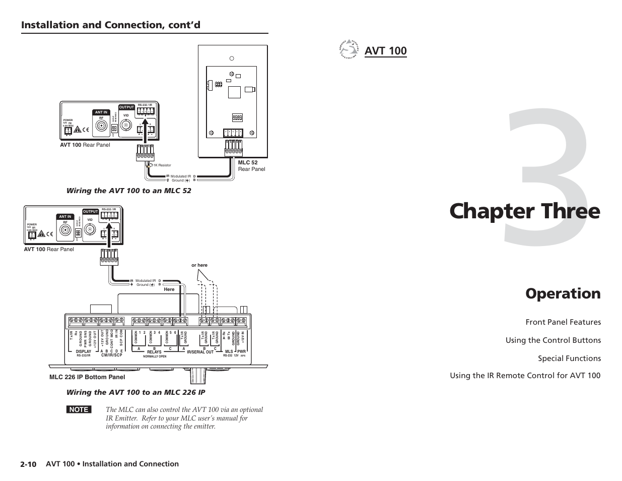 Ch. 3: operation, Chapter three, Operation | Avt 100, Installation and connection, cont’d | Extron Electronics AVT 100 User Manual | Page 12 / 37