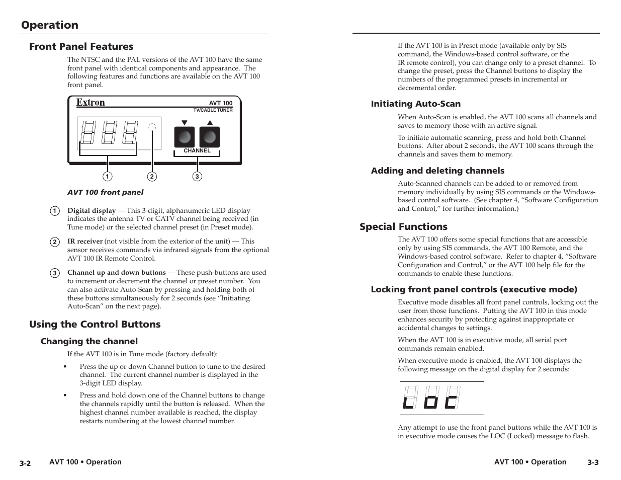 Front panel features, Using the control buttons, Changing the channel | Initiating auto-scan, Adding and deleting channels, Special functions, Locking front panel controls (executive mode), Operation | Extron Electronics AVT 100 User Manual | Page 13 / 37