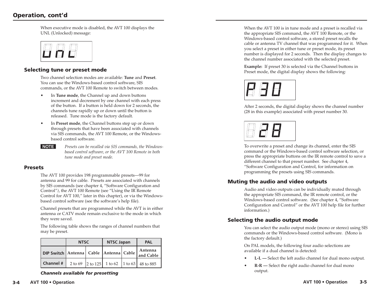 Selecting tune or preset mode, Presets, Muting the audio and video outputs | Selecting the audio output mode, Operation, cont’d | Extron Electronics AVT 100 User Manual | Page 14 / 37