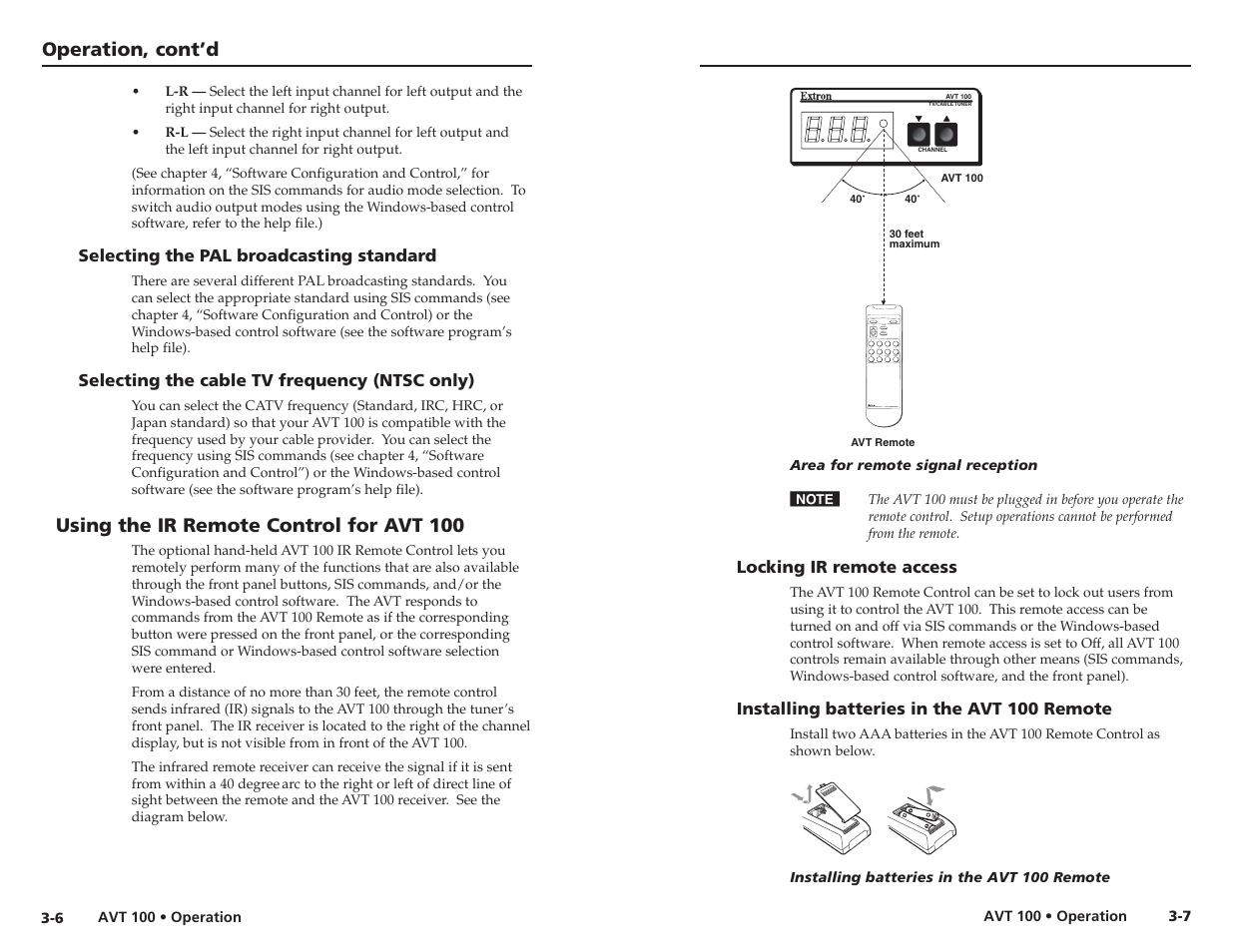 Selecting the pal broadcasting standard, Selecting the cable tv frequency (ntsc only), Using the ir remote control for avt 100 | Locking ir remote access, Installing batteries in the avt 100 remote, Operation, cont’d | Extron Electronics AVT 100 User Manual | Page 15 / 37