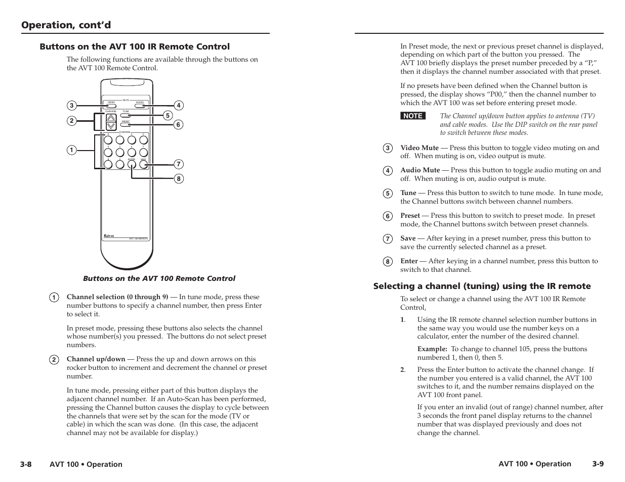Buttons on the avt 100 ir remote control, Selecting a channel (tuning) using the ir remote, Operation, cont’d | Extron Electronics AVT 100 User Manual | Page 16 / 37