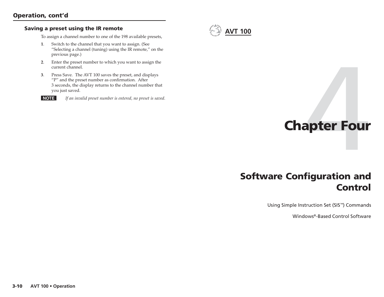 Saving a preset using the ir remote, Ch. 4: software configuration andcontrol, Chapter four | Extron Electronics AVT 100 User Manual | Page 17 / 37