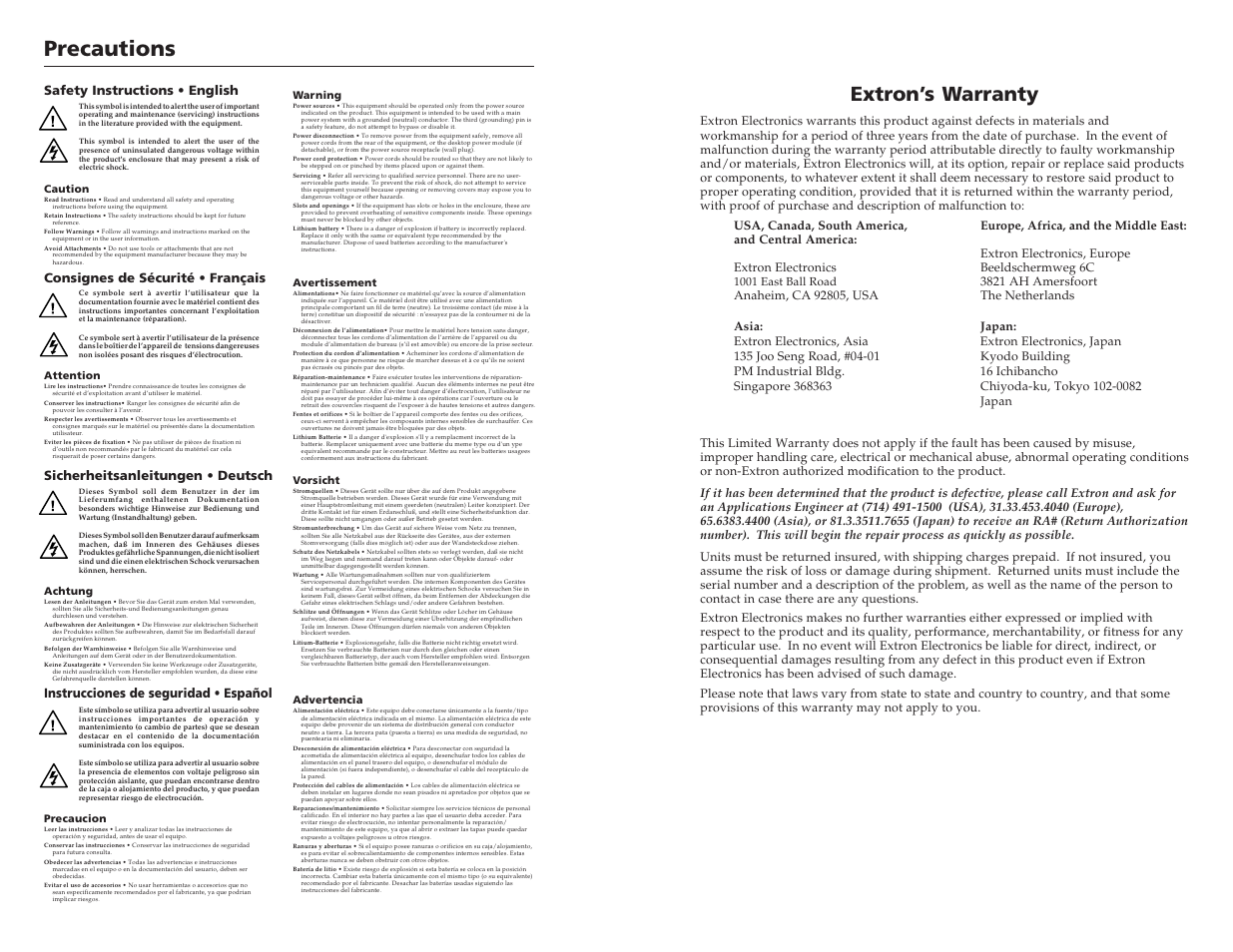 Inside cover, Precautions, Extron’s warranty | Instrucciones de seguridad • español | Extron Electronics AVT 100 User Manual | Page 2 / 37