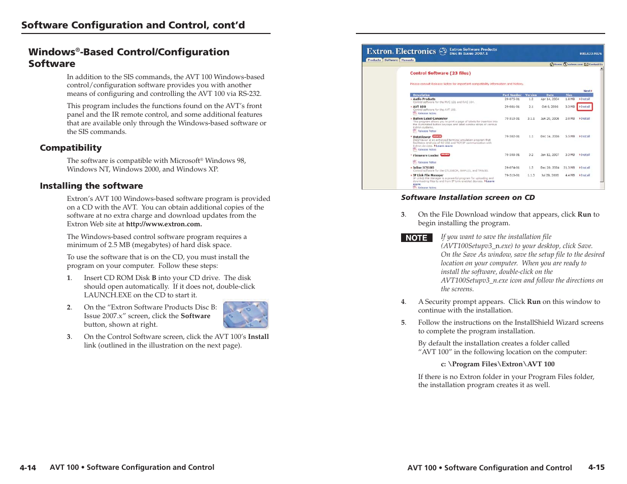 Windows®-based control/configurationsoftware, Compatibility, Installing the software | Software configuration and control, cont’d, Windows, Based control/configuration software | Extron Electronics AVT 100 User Manual | Page 24 / 37