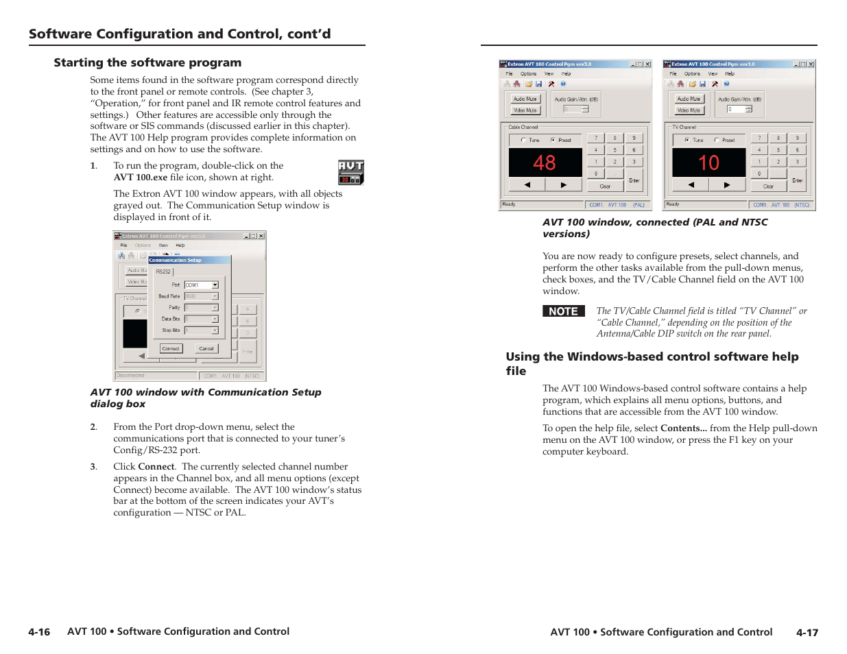 Starting the software program, Using the windows-based control software helpfile, Software configuration and control, cont’d | Extron Electronics AVT 100 User Manual | Page 25 / 37