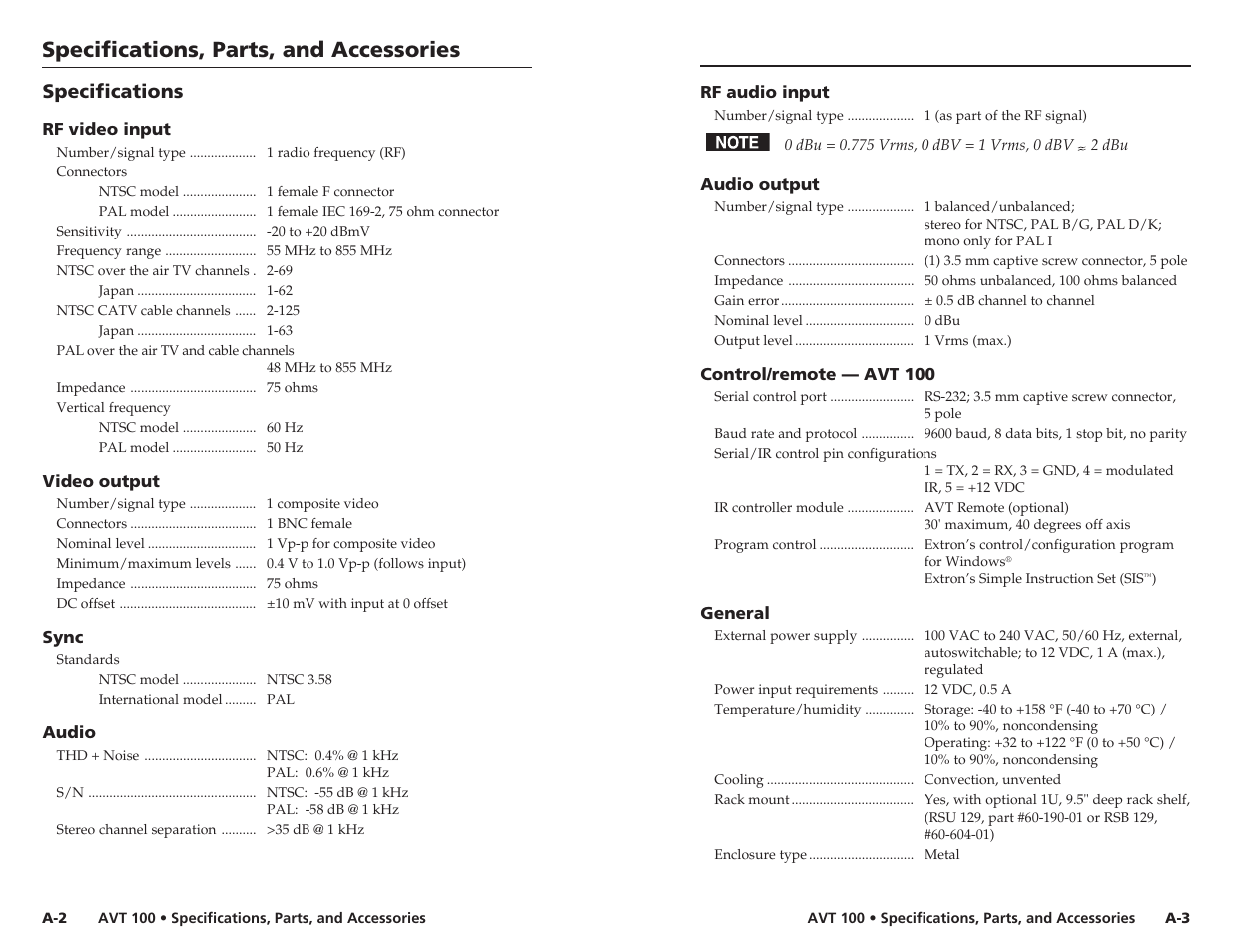 Specifications, Specifications, parts, and accessories | Extron Electronics AVT 100 User Manual | Page 27 / 37