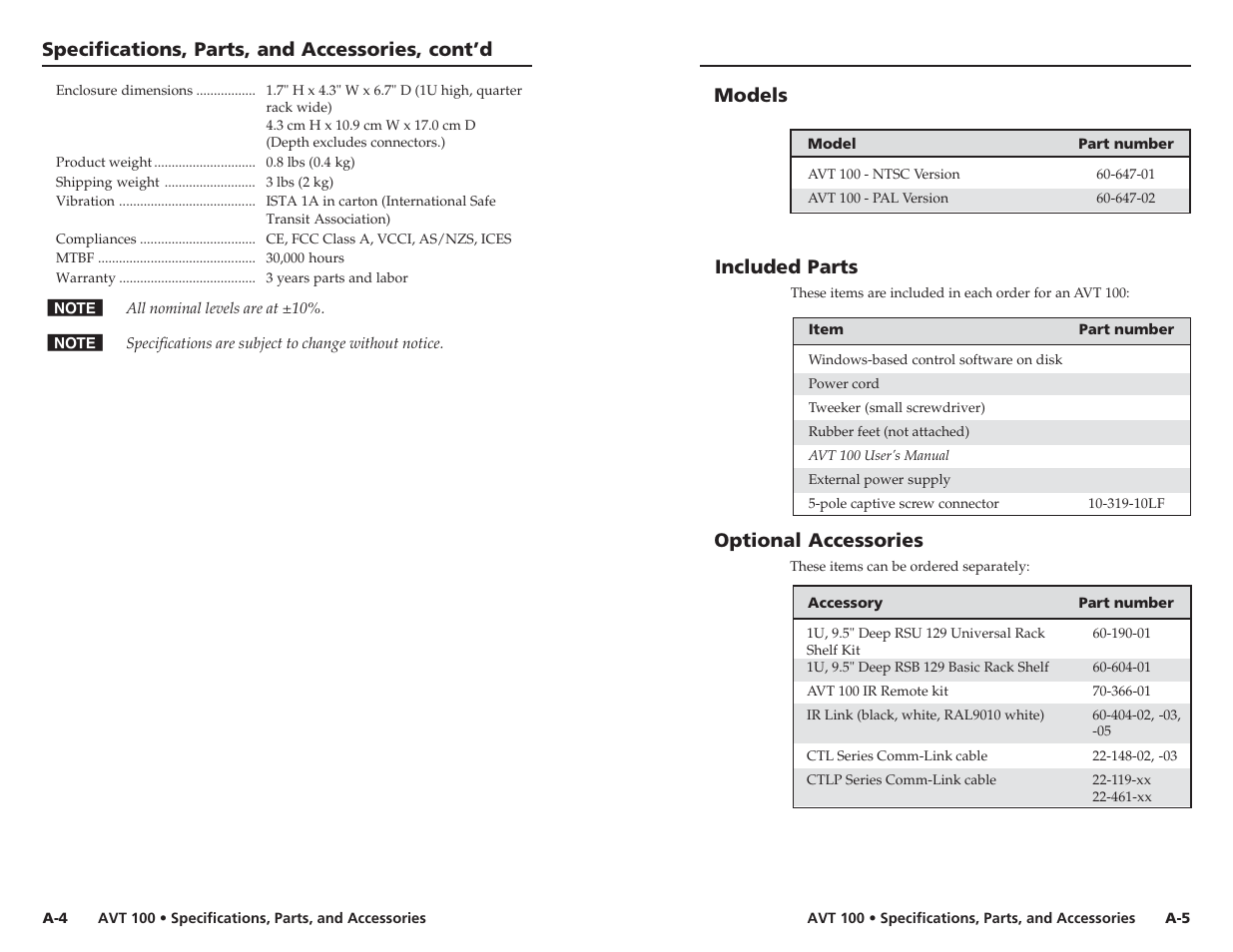 Models, Included parts, Optional accessories | Specifications, parts, and accessories, cont’d | Extron Electronics AVT 100 User Manual | Page 28 / 37