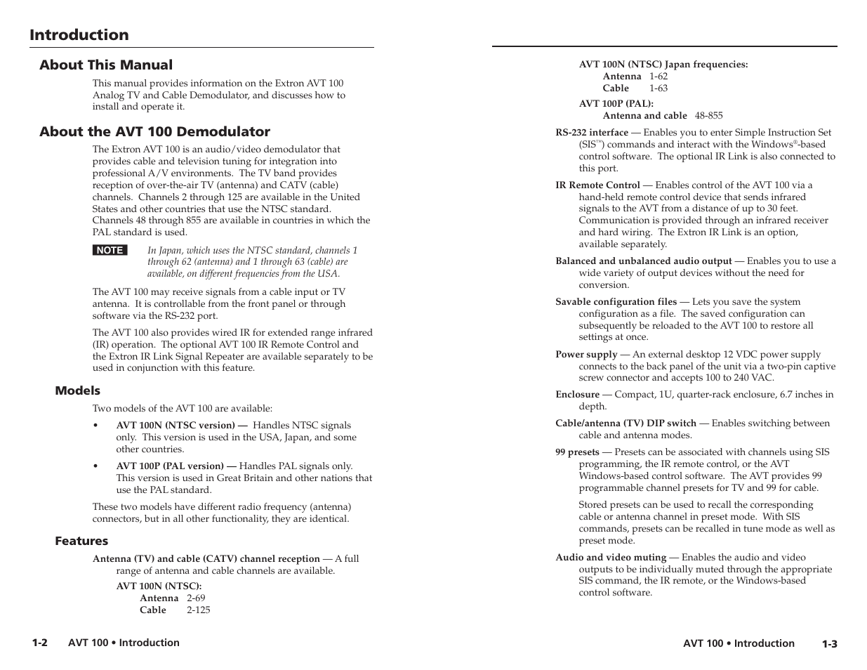 About this manual, About the avt 100 demodulator, Models | Features, Introduction | Extron Electronics AVT 100 User Manual | Page 6 / 37