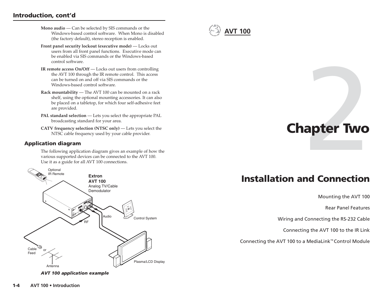 Application diagram, Ch. 2: installation and connection, Chapter two | Installation and connection | Extron Electronics AVT 100 User Manual | Page 7 / 37