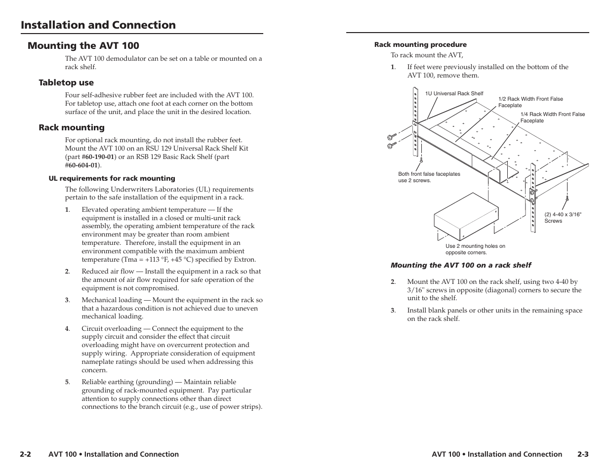 Mounting the avt 100, Tabletop use, Rack mounting | Ul requirements for rack mounting, Rack mounting procedure, Installation and connection | Extron Electronics AVT 100 User Manual | Page 8 / 37