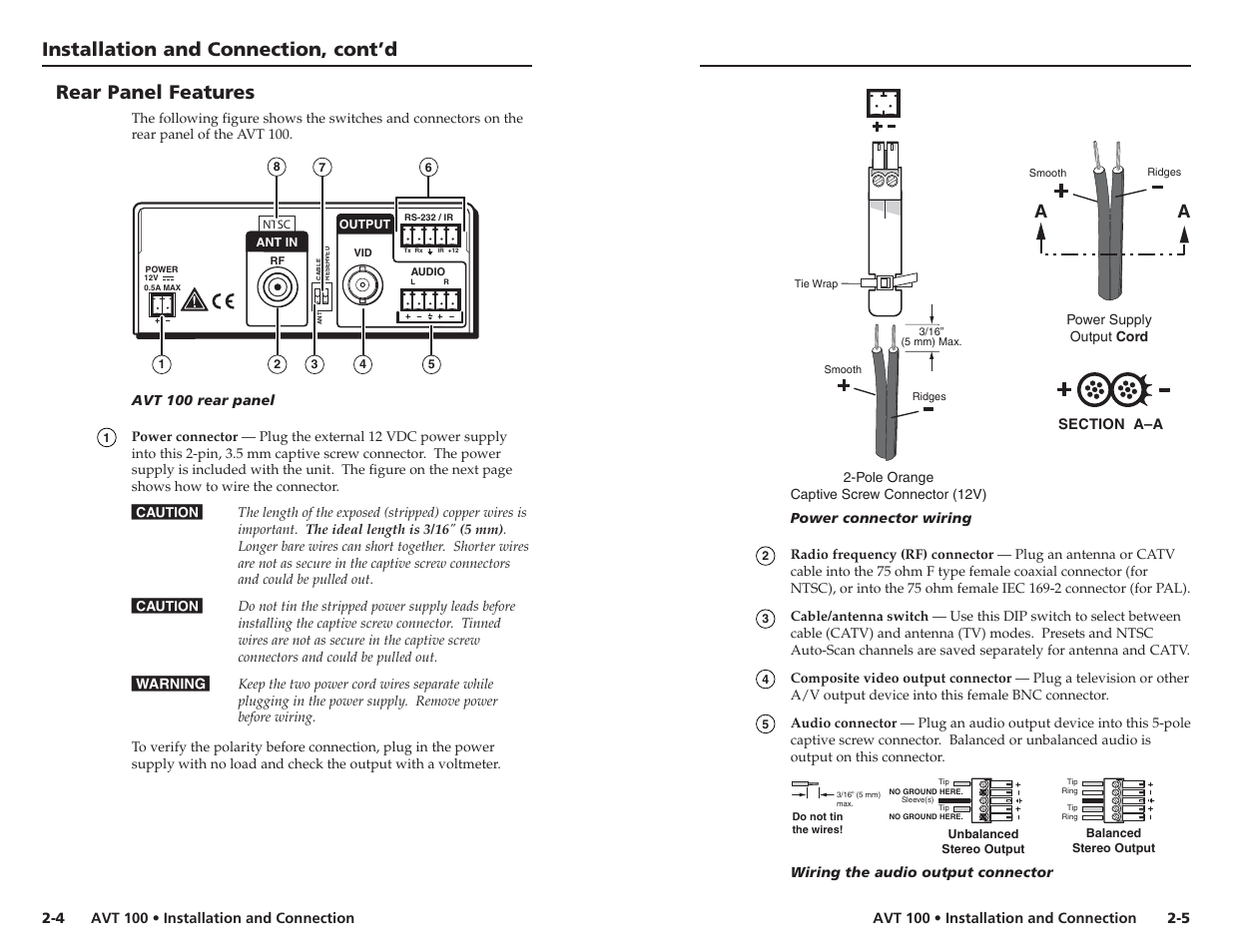 Rear panel features, Installation and connection, cont’d | Extron Electronics AVT 100 User Manual | Page 9 / 37