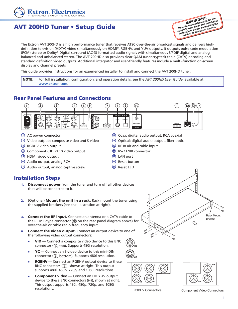 Extron Electronics AVT 200HD Setup Guide User Manual | 4 pages