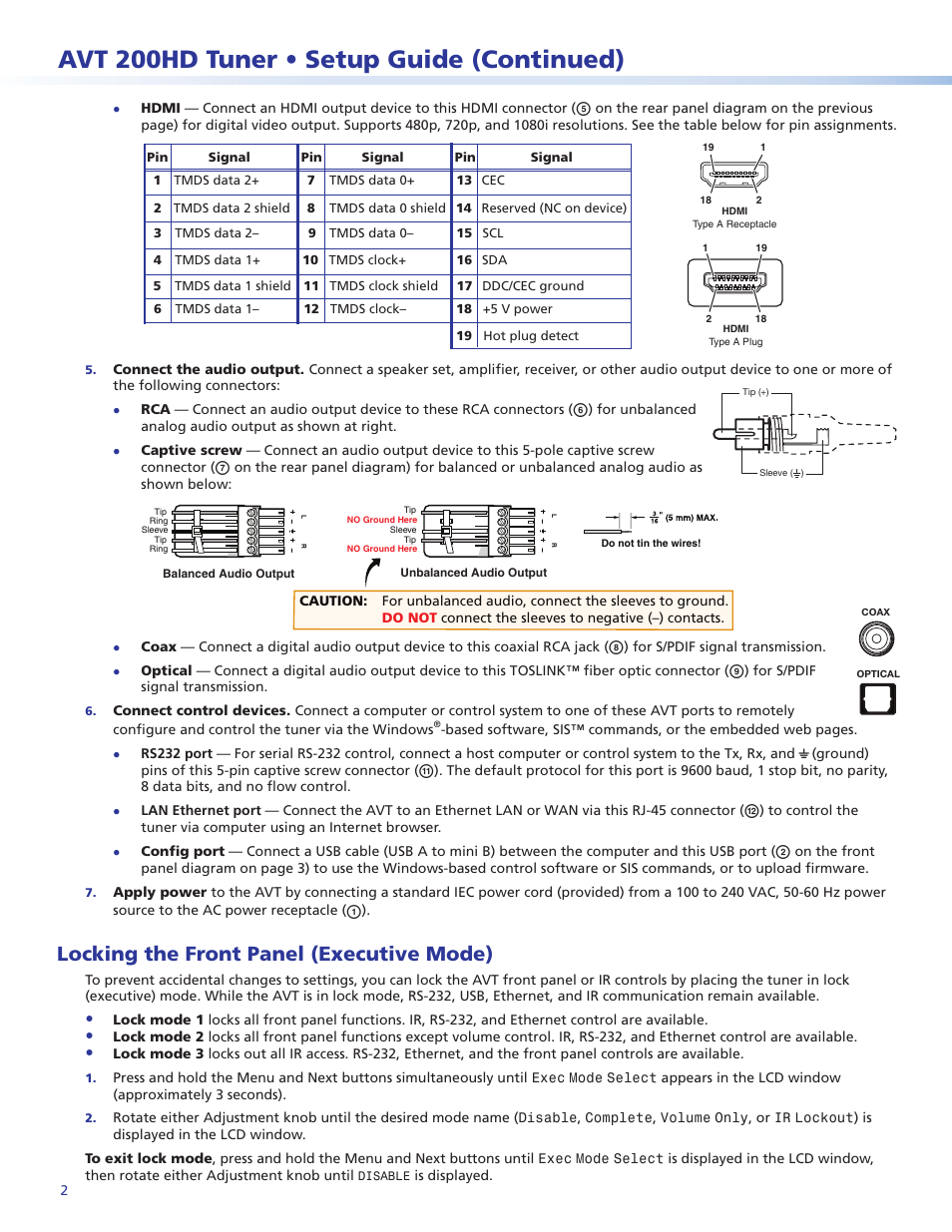 Avt 200hd tuner • setup guide (continued), Locking the front panel (executive mode) | Extron Electronics AVT 200HD Setup Guide User Manual | Page 2 / 4
