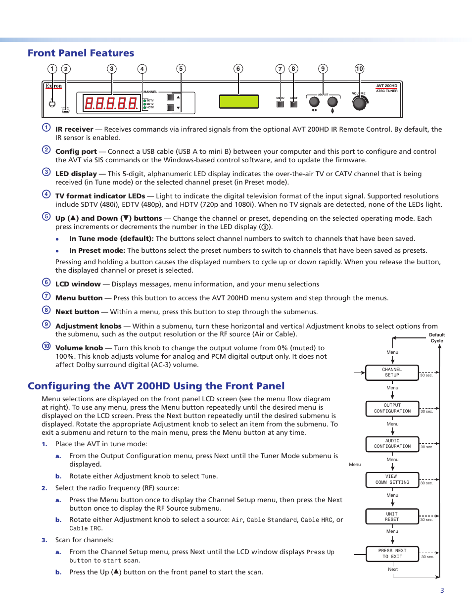 Front panel features, Configuring the avt 200hd using the front panel, Product category | Extron Electronics AVT 200HD Setup Guide User Manual | Page 3 / 4