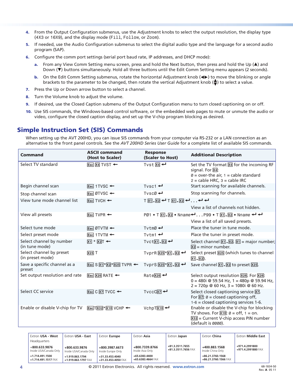 Simple instruction set (sis) commands | Extron Electronics AVT 200HD Setup Guide User Manual | Page 4 / 4
