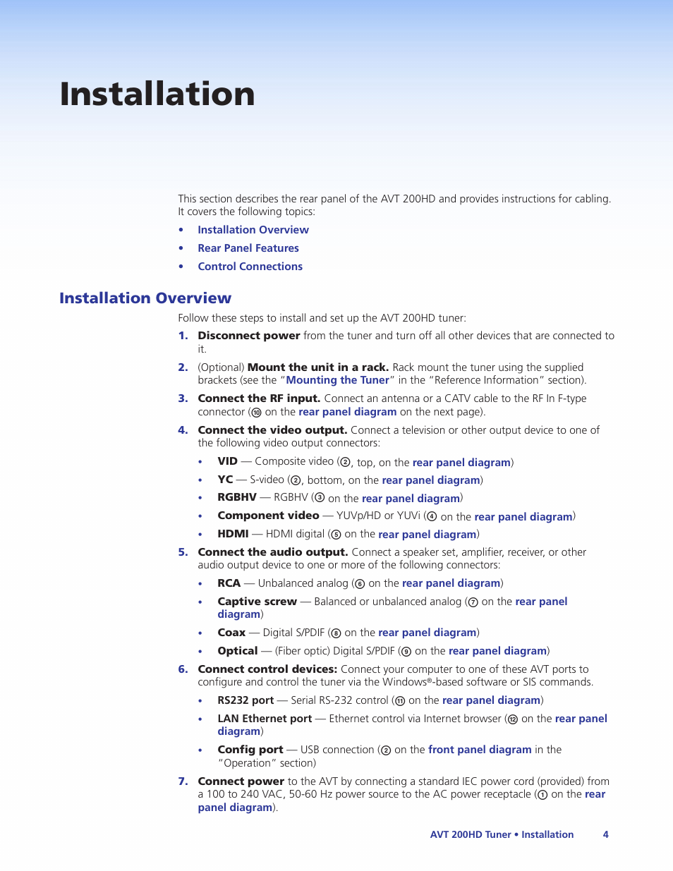 Installation, Installation overview | Extron Electronics AVT 200HD User Guide User Manual | Page 10 / 118