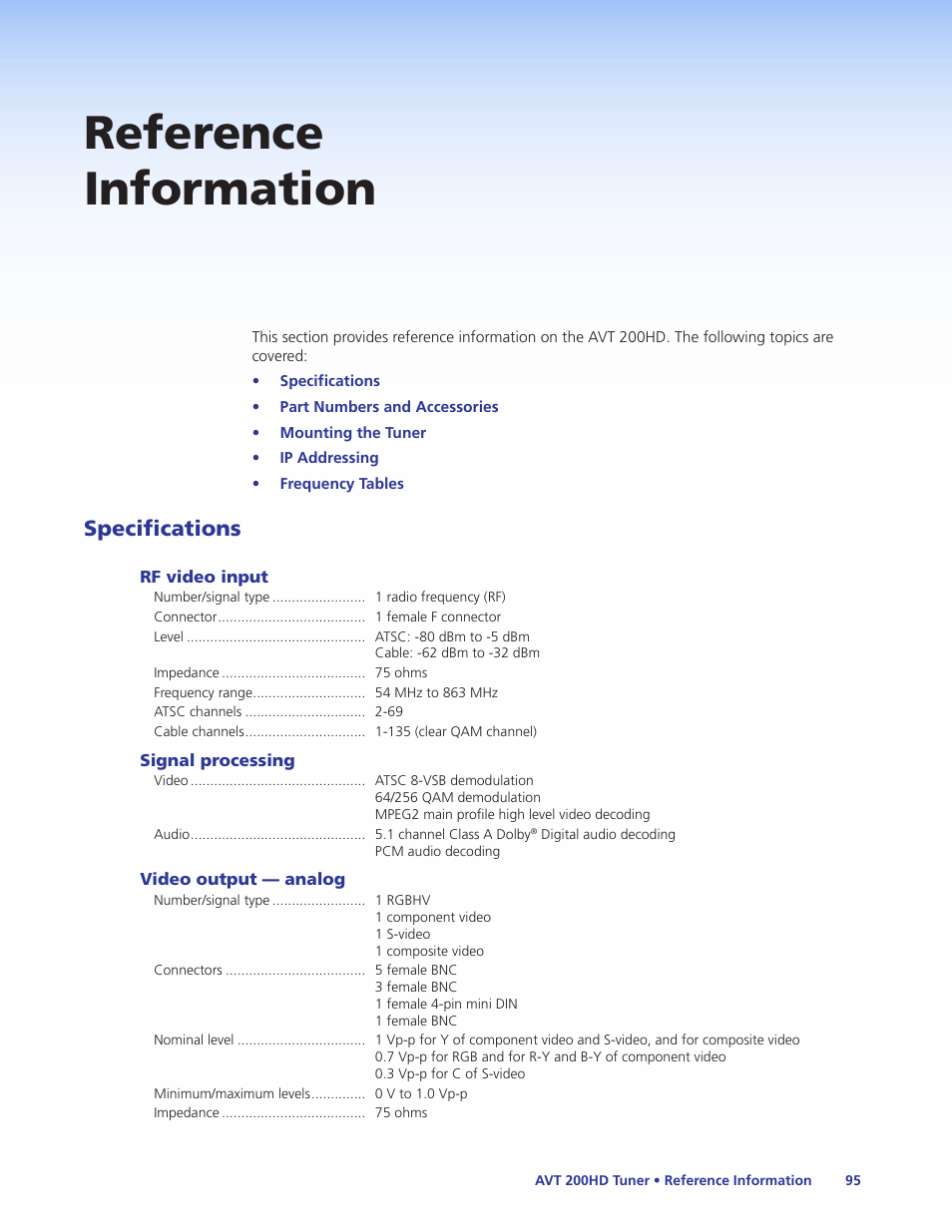 Reference information, Specifications | Extron Electronics AVT 200HD User Guide User Manual | Page 101 / 118