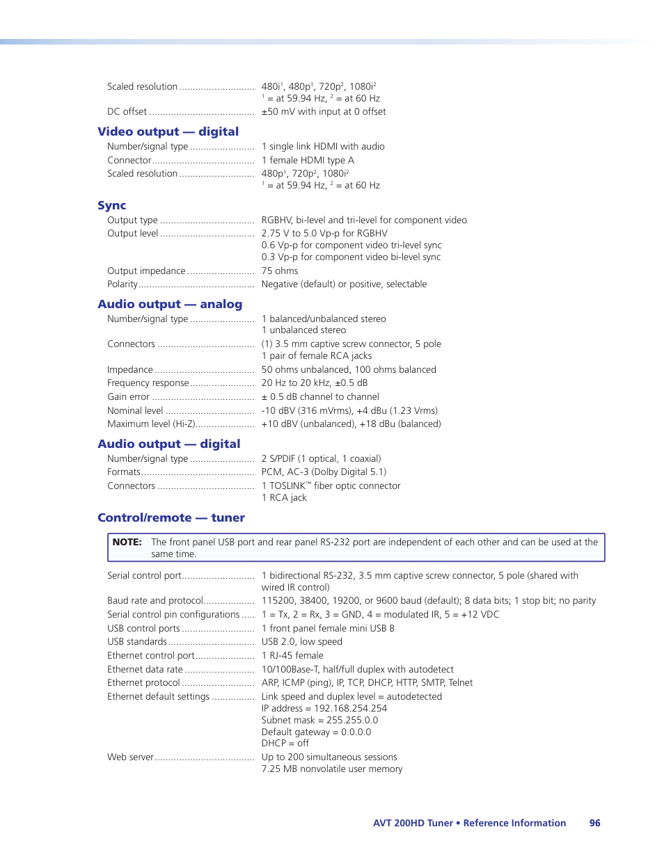 Video output — digital, Sync, Audio output — analog | Audio output — digital, Control/remote — tuner | Extron Electronics AVT 200HD User Guide User Manual | Page 102 / 118