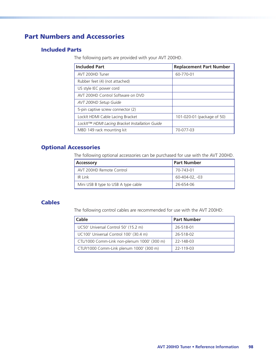 Part numbers and accessories, Included parts, Optional accessories | Cables, Included parts optional accessories cables | Extron Electronics AVT 200HD User Guide User Manual | Page 104 / 118