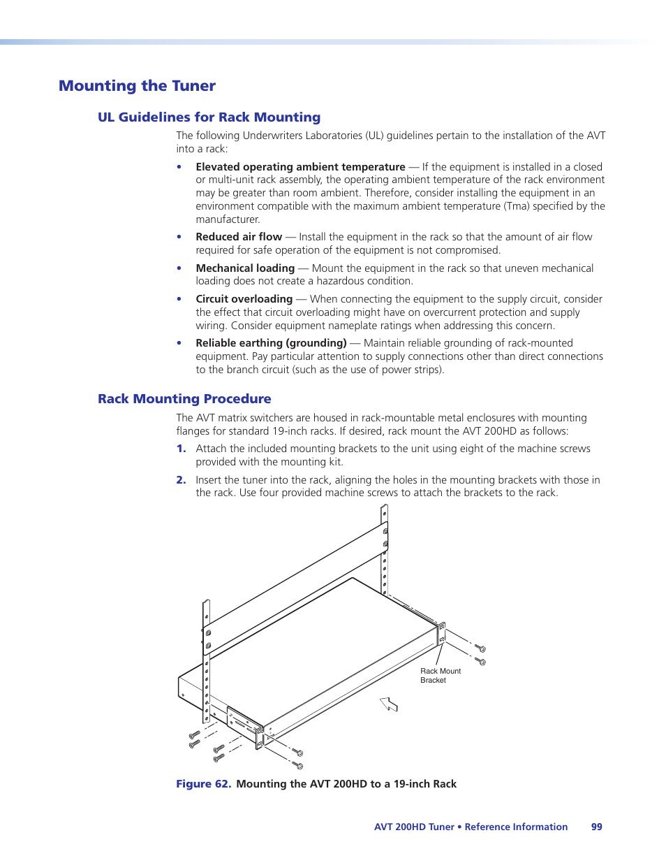 Mounting the tuner, Ul guidelines for rack mounting, Rack mounting procedure | Brackets (see the, In the “refer | Extron Electronics AVT 200HD User Guide User Manual | Page 105 / 118