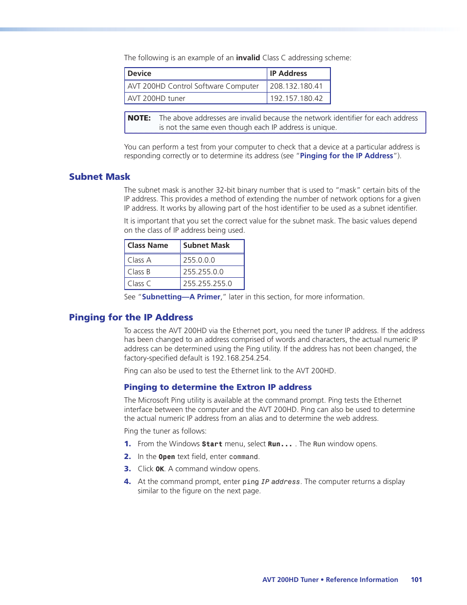 Subnet mask, Pinging for the ip address, Subnet mask pinging for the ip address | Extron Electronics AVT 200HD User Guide User Manual | Page 107 / 118