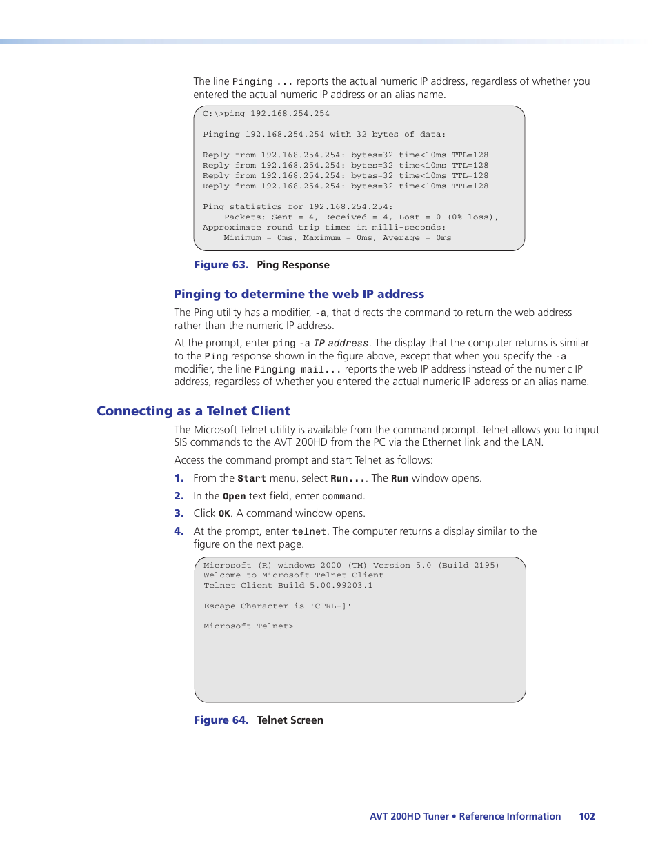 Connecting as a telnet client | Extron Electronics AVT 200HD User Guide User Manual | Page 108 / 118