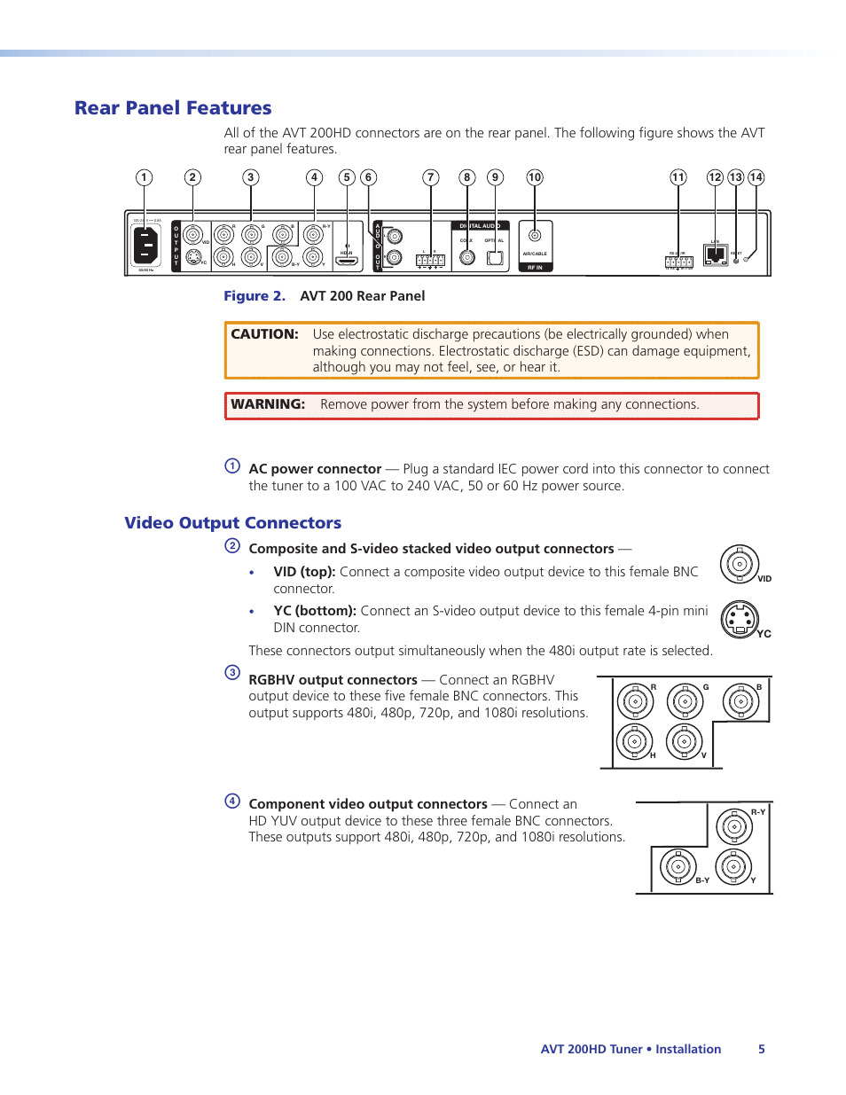 Rear panel features, Video output connectors, On the | Rear panel diagram, Rear panel, Diagram, Rear, Panel diagram, Avt 200hd tuner • installation 5 | Extron Electronics AVT 200HD User Guide User Manual | Page 11 / 118