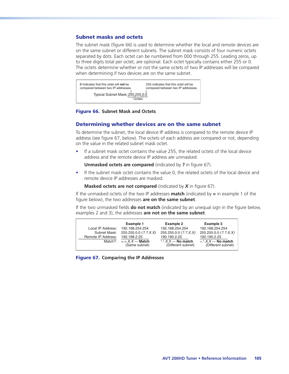 Subnet masks and octets, Determining whether devices are on the same subnet | Extron Electronics AVT 200HD User Guide User Manual | Page 111 / 118