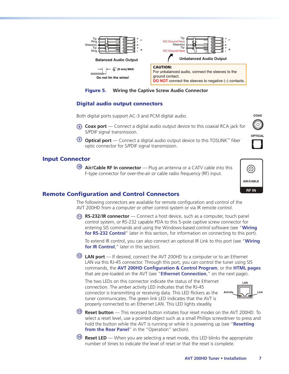 Input connector, Remote configuration and control connectors, Input connector remote configuration and control | Connectors | Extron Electronics AVT 200HD User Guide User Manual | Page 13 / 118