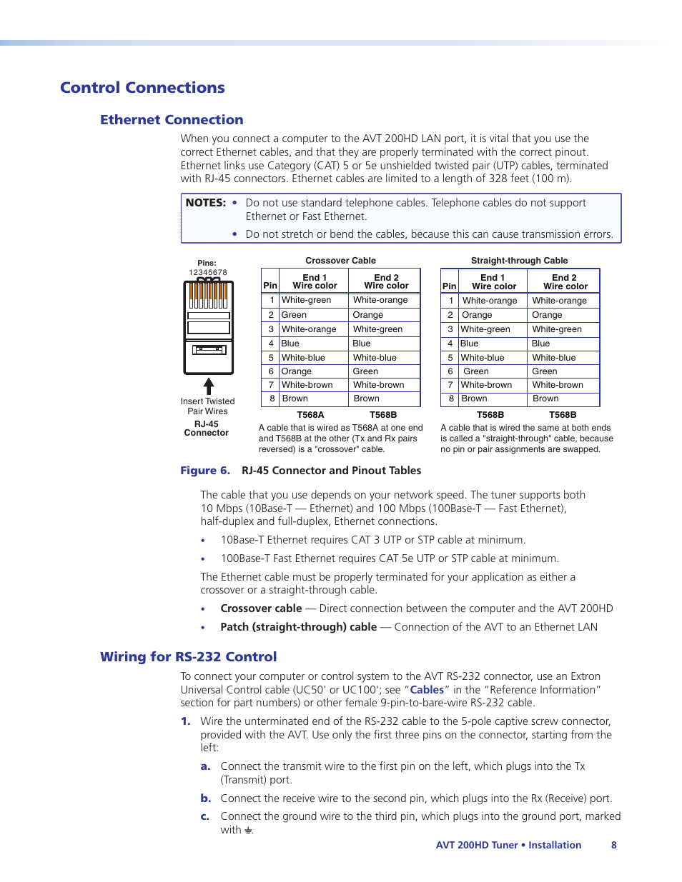 Control connections, Ethernet connection, Wiring for rs-232 control | Ethernet connection wiring for rs-232 control, E (see, Wiring, For rs-232 control, Vt (see | Extron Electronics AVT 200HD User Guide User Manual | Page 14 / 118