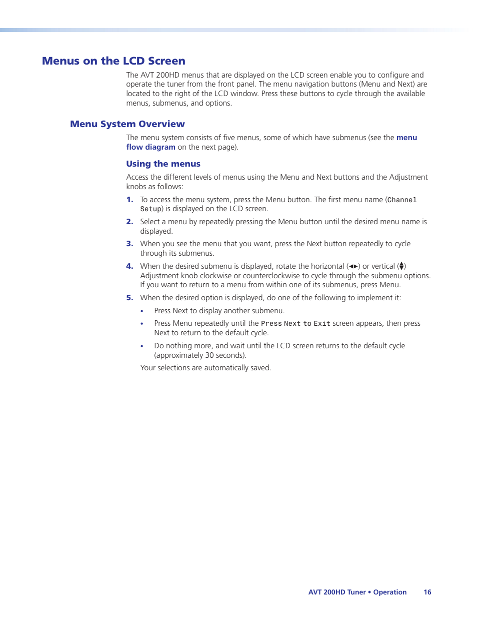 Menus on the lcd screen, Menu system overview, Later in this section, for information on | Extron Electronics AVT 200HD User Guide User Manual | Page 22 / 118