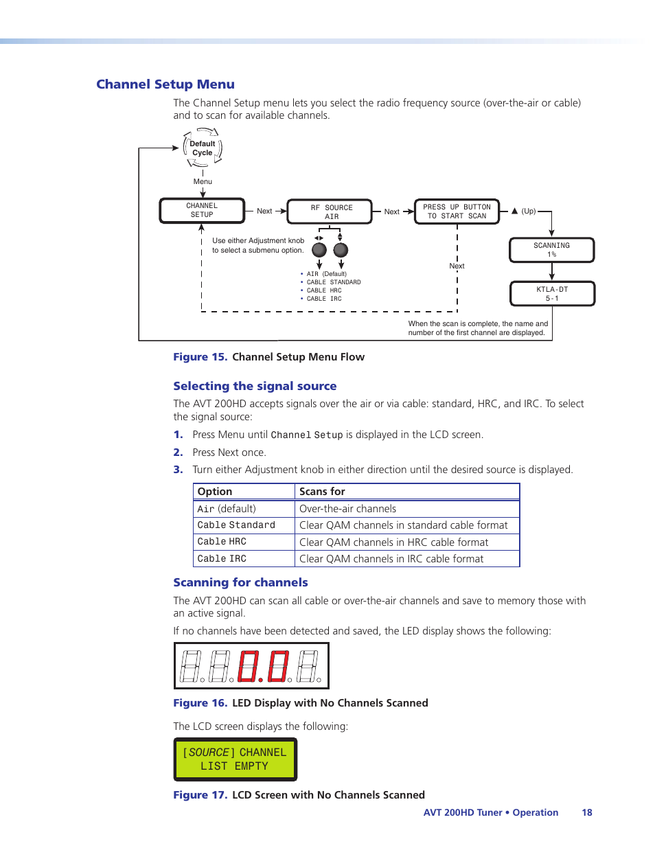 Channel setup menu, Scanning, For channels | Scanning for, Channels, Selecting the signal source, Scanning for channels | Extron Electronics AVT 200HD User Guide User Manual | Page 24 / 118
