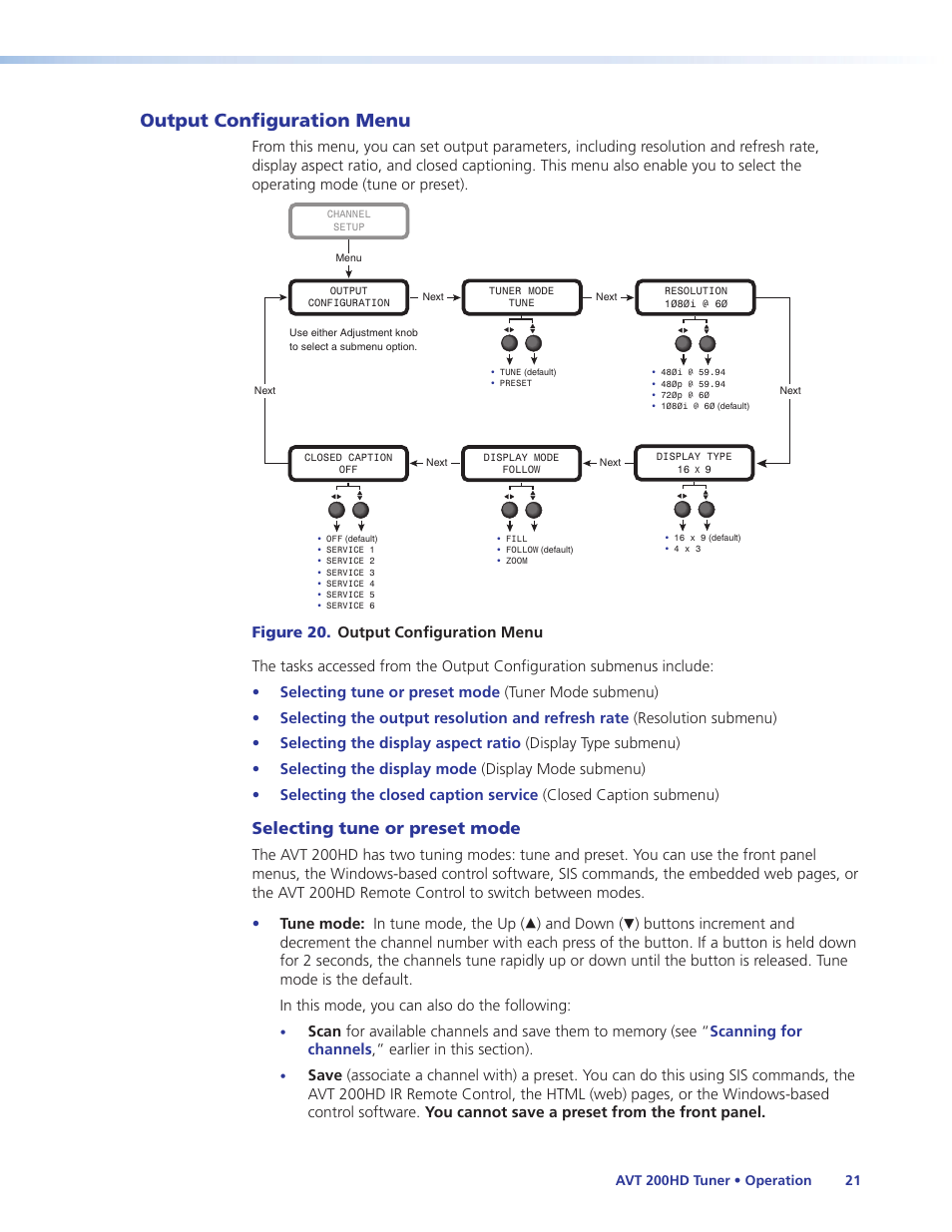 Output configuration menu, Selecting tune or preset mode, And down | Extron Electronics AVT 200HD User Guide User Manual | Page 27 / 118