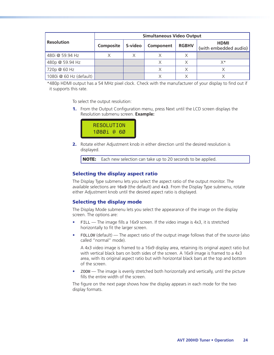 Selecting the display aspect ratio, Selecting the display mode | Extron Electronics AVT 200HD User Guide User Manual | Page 30 / 118