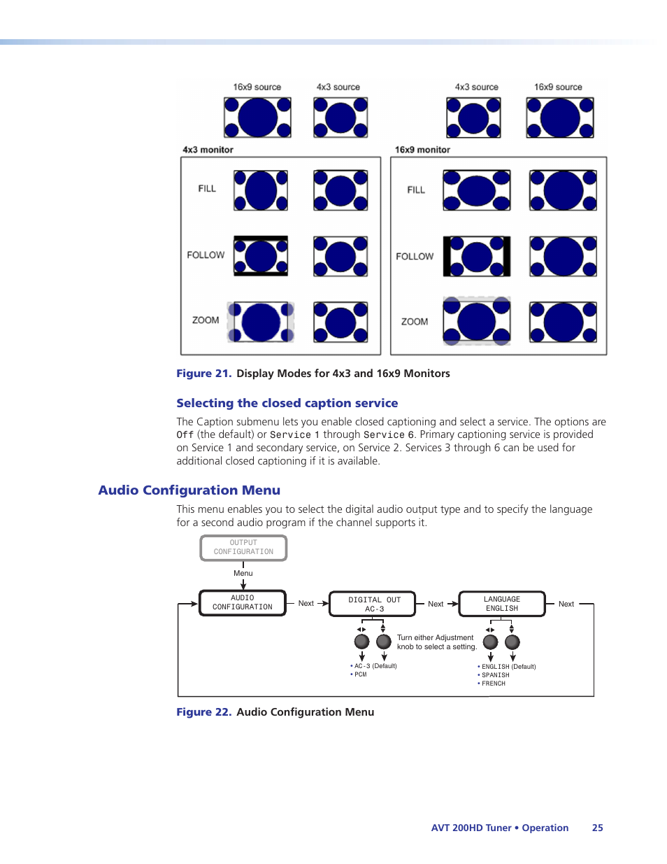 Audio configuration menu, Selecting the closed caption service, Closed caption submenu) | Extron Electronics AVT 200HD User Guide User Manual | Page 31 / 118