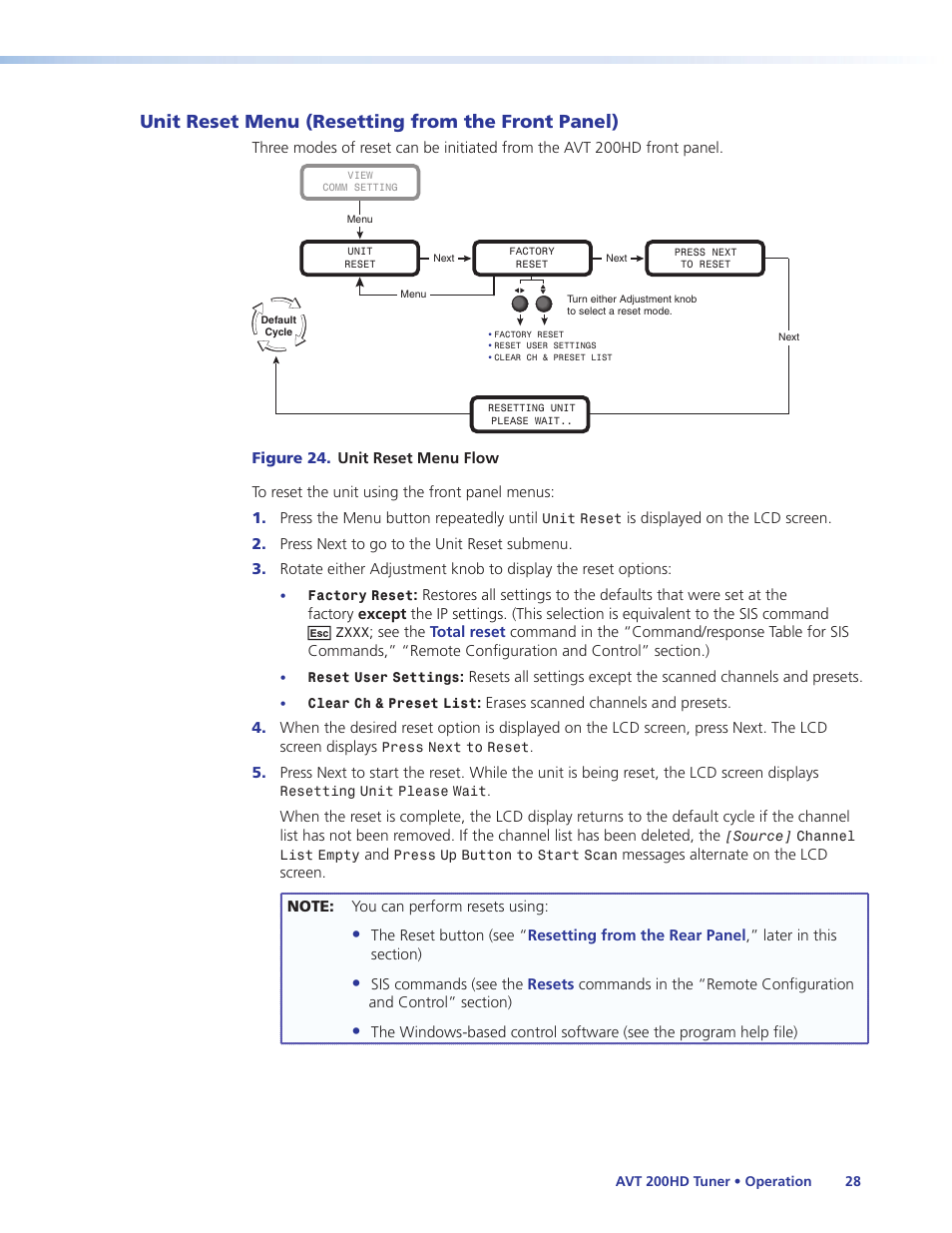 Unit reset menu (resetting from the front panel), Unit reset menu (resetting from the front, Panel) | Unit reset menu (resetting from the, Front panel) | Extron Electronics AVT 200HD User Guide User Manual | Page 34 / 118