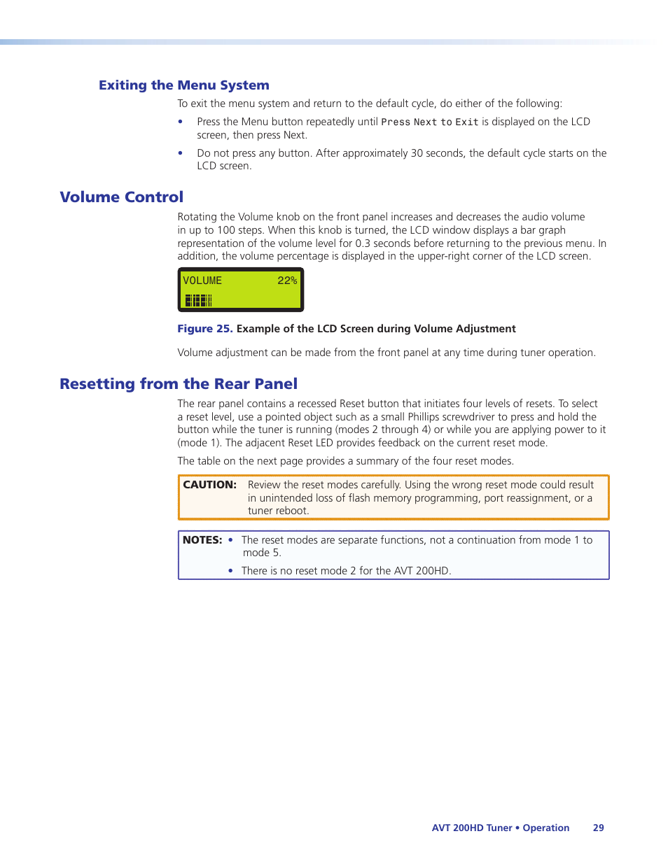 Exiting the menu system, Volume control, Resetting from the rear panel | Volume control resetting from the rear panel, Vt is running or while it is powering up (see, Resetting, From the rear panel, In the “operation” section), Later in this | Extron Electronics AVT 200HD User Guide User Manual | Page 35 / 118