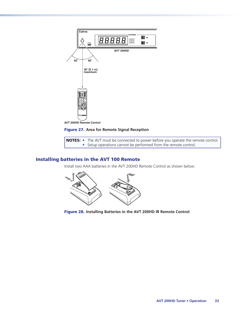 Installing batteries in the avt 100 remote | Extron Electronics AVT 200HD User Guide User Manual | Page 39 / 118