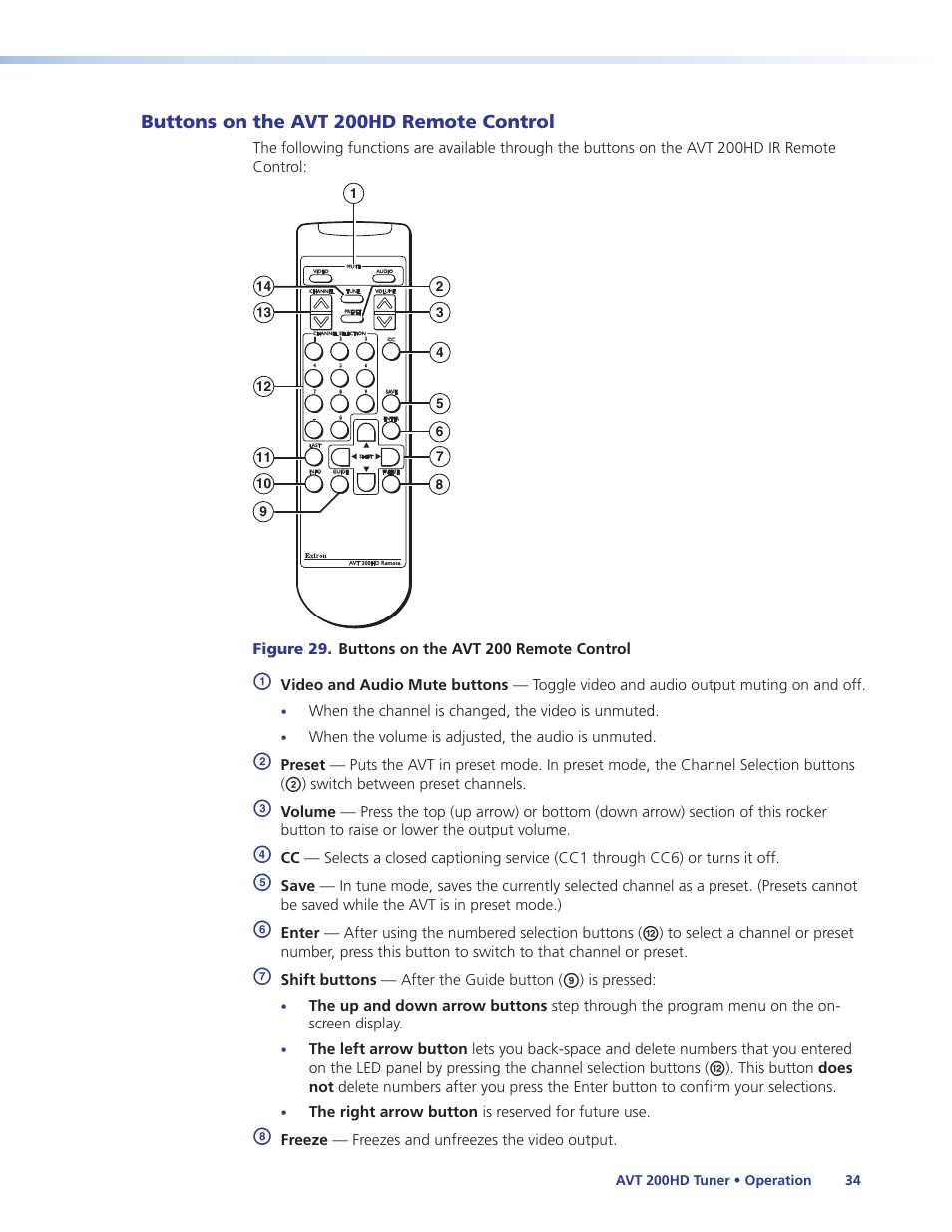 Buttons on the avt 200hd remote control, Buttons on the avt 200hd remote, Control | Extron Electronics AVT 200HD User Guide User Manual | Page 40 / 118