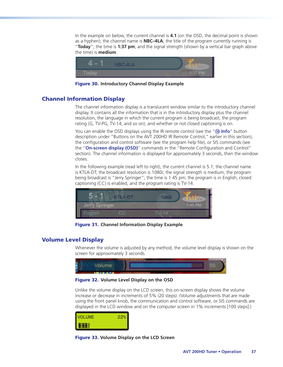 Channel information display, Volume level display, Channel information display volume level display | Extron Electronics AVT 200HD User Guide User Manual | Page 43 / 118