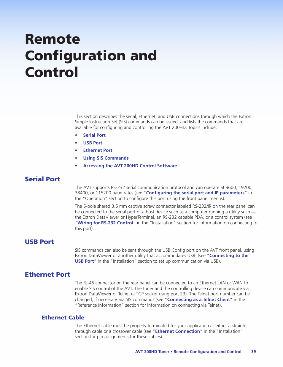 Remote configuration and control, Serial port, Usb port | Ethernet port, Ethernet cable, Serial port usb port ethernet port | Extron Electronics AVT 200HD User Guide User Manual | Page 45 / 118