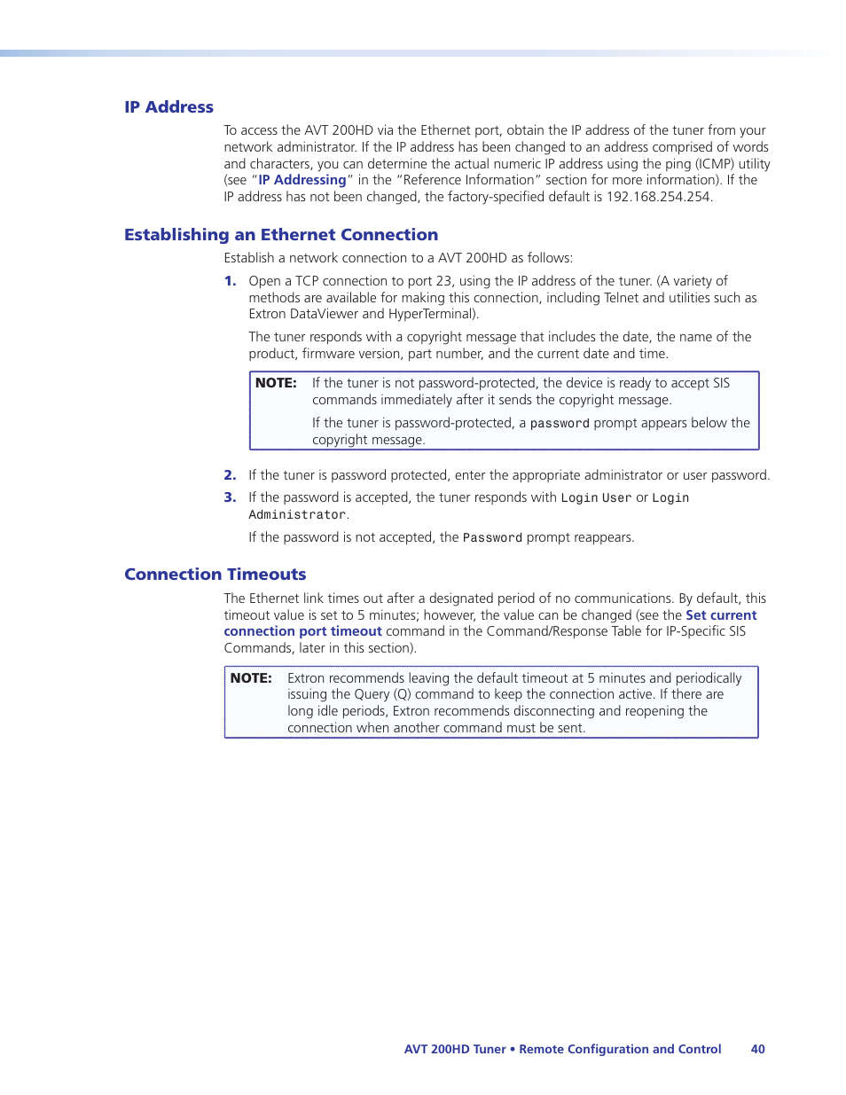 Ip address, Establishing an ethernet connection, Connection timeouts | Extron Electronics AVT 200HD User Guide User Manual | Page 46 / 118