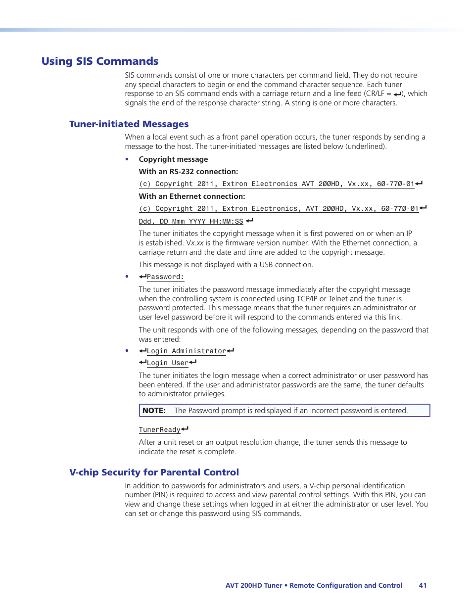Using sis commands, Tuner-initiated messages, V-chip security for parental control | Extron Electronics AVT 200HD User Guide User Manual | Page 47 / 118
