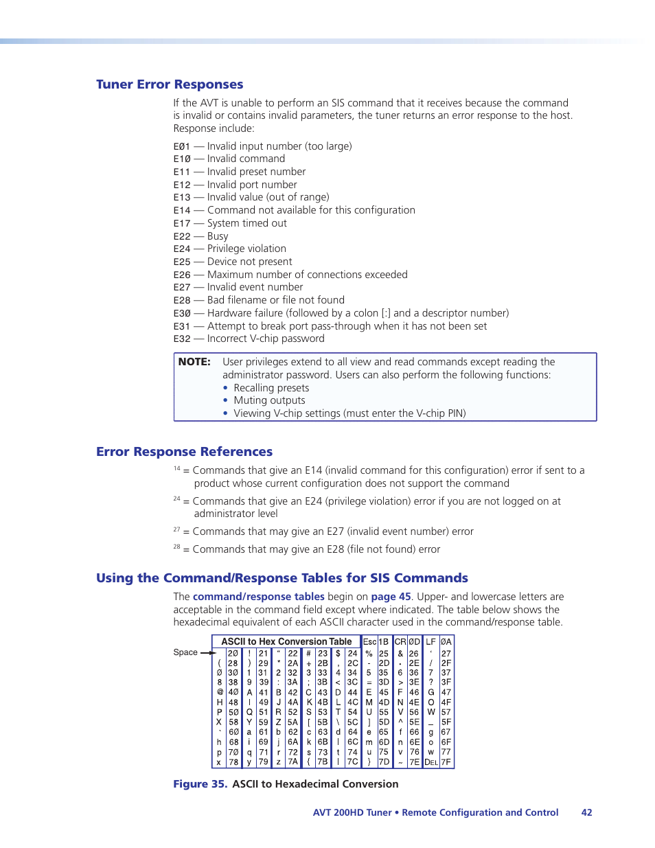 Tuner error responses, Error response references, Using the command/response tables for sis commands | Sis commands | Extron Electronics AVT 200HD User Guide User Manual | Page 48 / 118